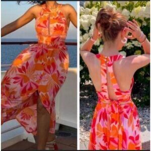 Abel The Label Maxi Dress S Small Smocked Orange Pink Floral Flowy